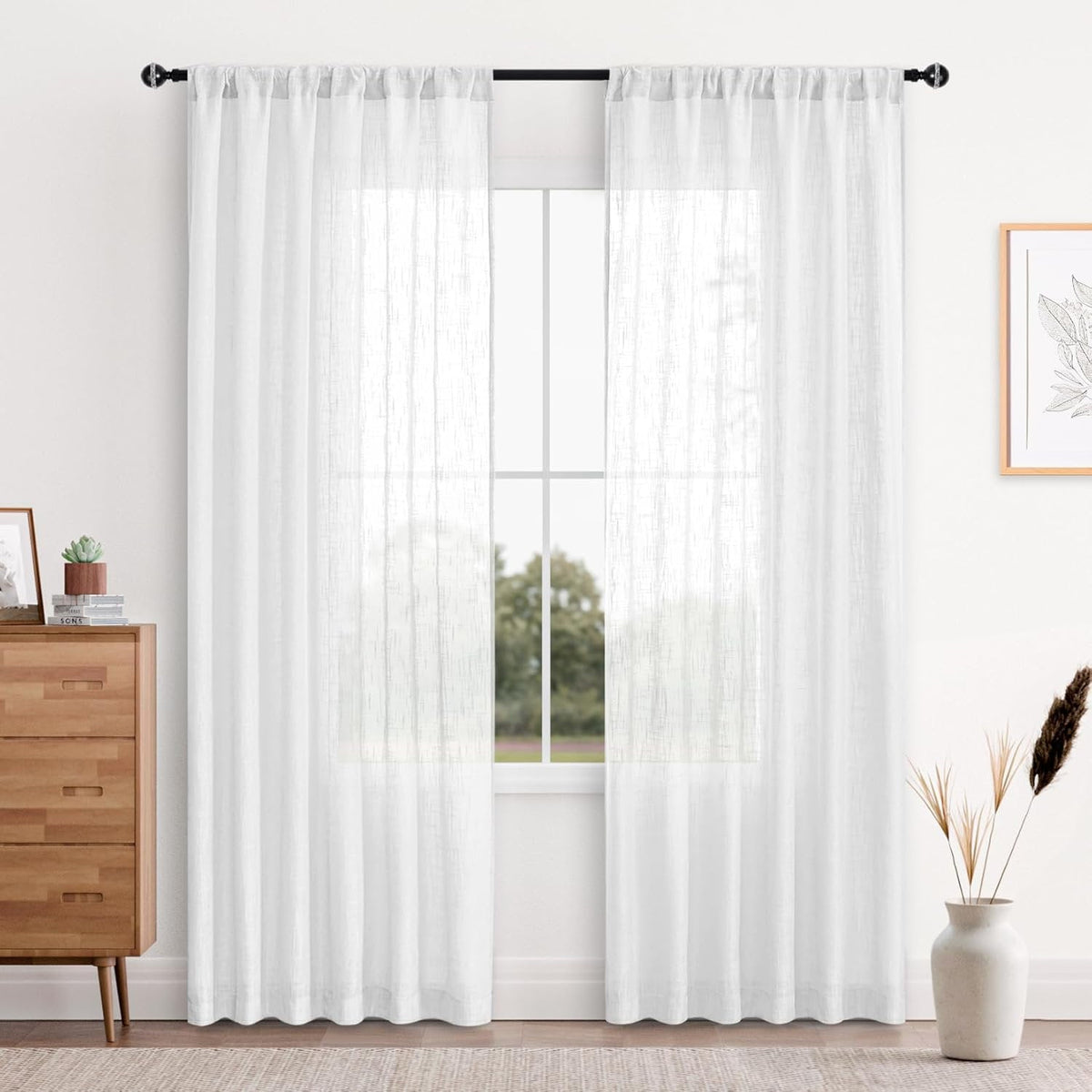White Faux Linen Sheer Curtains - Rod Pocket Voile for Living Room