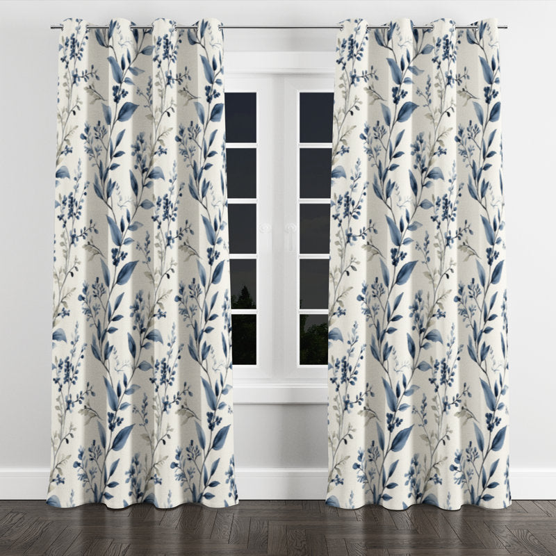 Blue Botanical Toile Velvet Curtains - Farmhouse Room Darkening