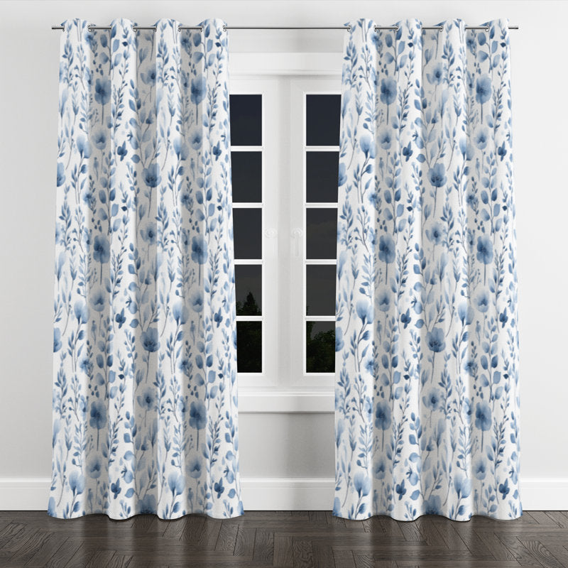 Blue Meadow Floral Blackout Curtains - Faux Linen Grommet Window Panels