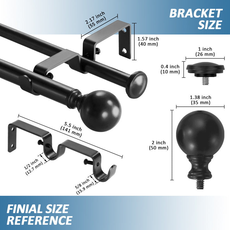 Adjustable Double Curtain Rod Set - Black Metal Window Treatment