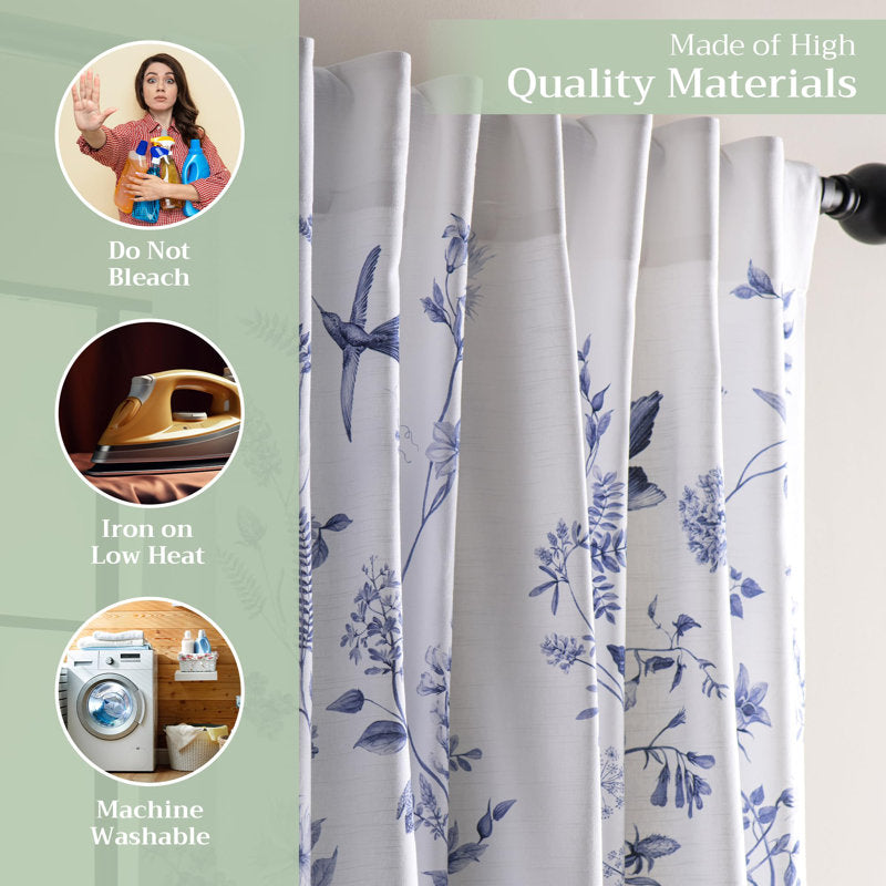 White Floral Cotton Curtains - Neo Ipomee Watercolor Set of 2