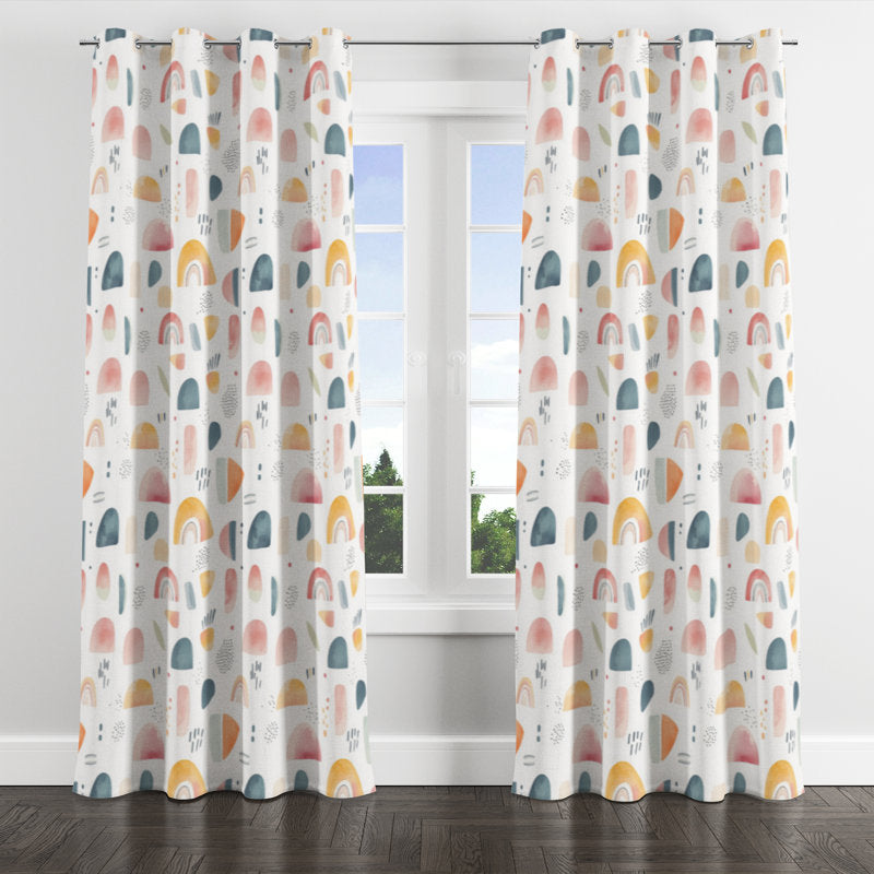 Rainbow Shapes Blackout Curtains - Faux Linen Kids Room Drapes