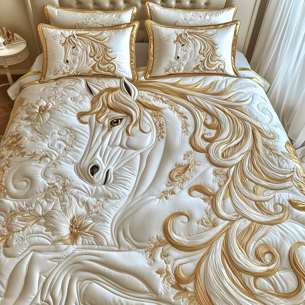 Elegant White Horse 3-Piece Quilted Bedding Set GFTOTP6076