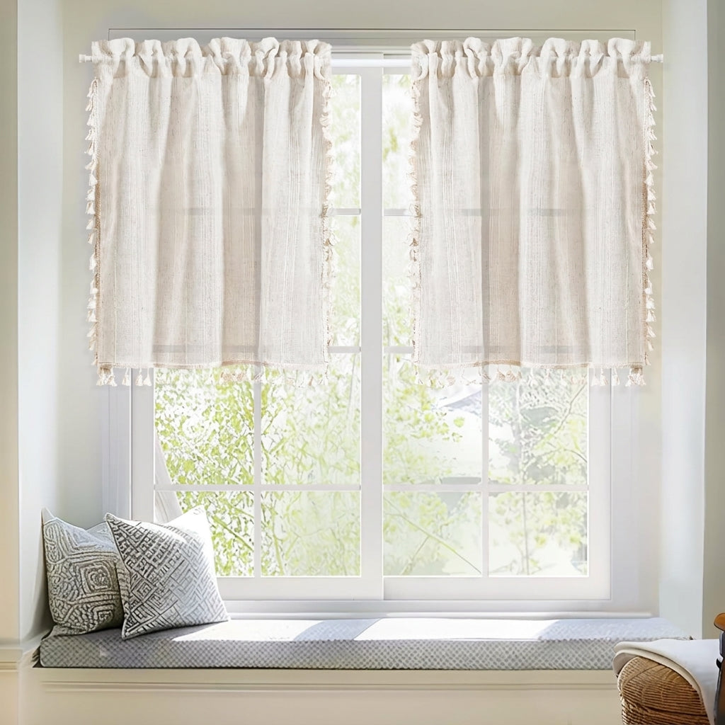 Farmhouse Linen Tier Curtains - Fringed Semi Sheer Kitchen Set