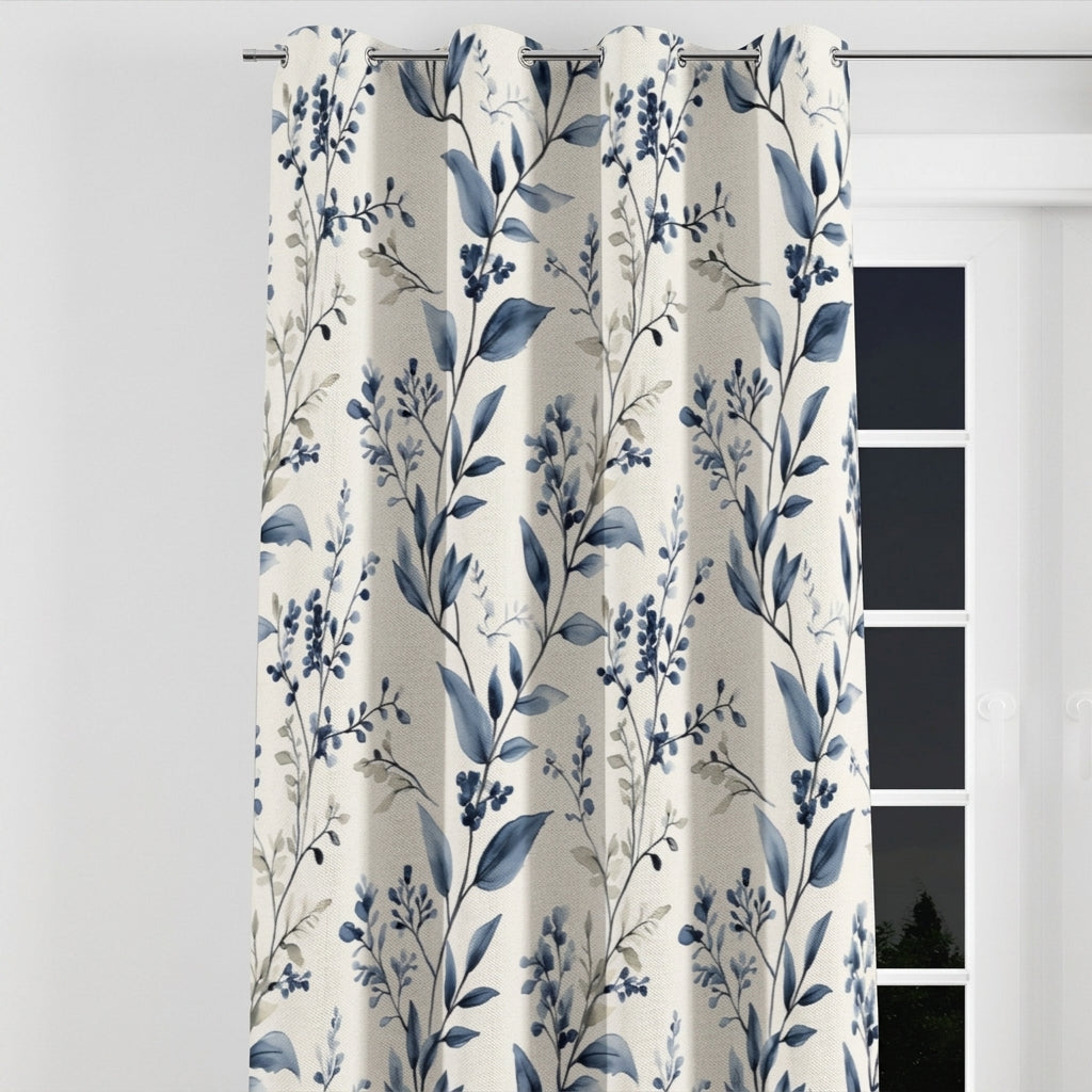 Blue Botanical Toile Velvet Curtains - Farmhouse Room Darkening