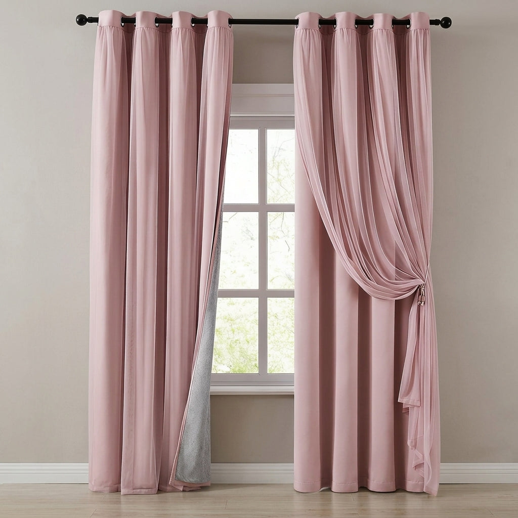 Double Layer Blackout Curtains Sheer Overlay for Bedroom & Living Room
