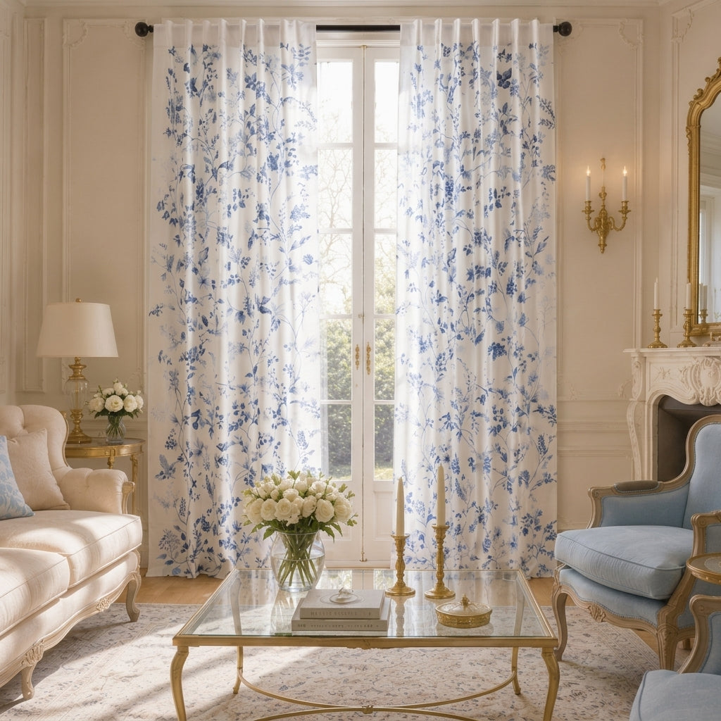 White Floral Cotton Curtains - Neo Ipomee Watercolor Set of 2