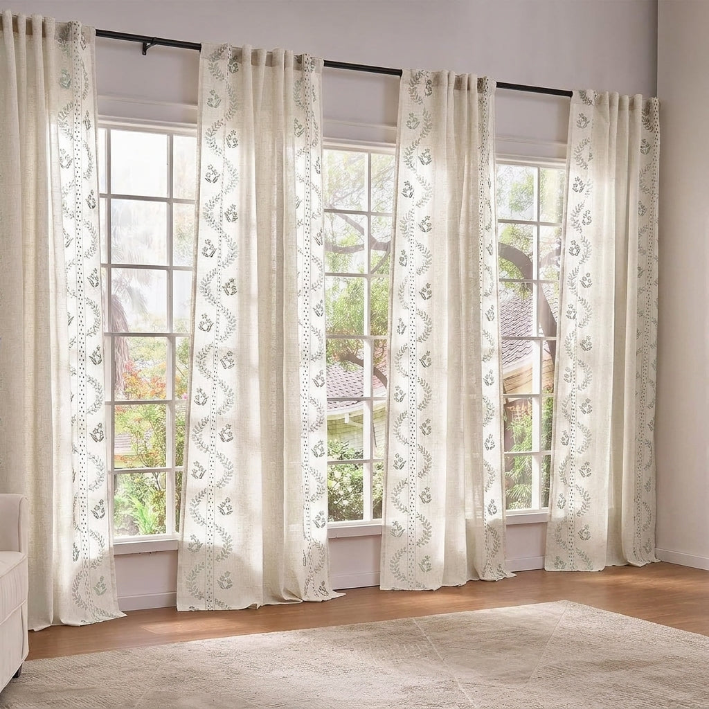 Linen Floral Embroidered Curtains - 4 Panel Farmhouse Set