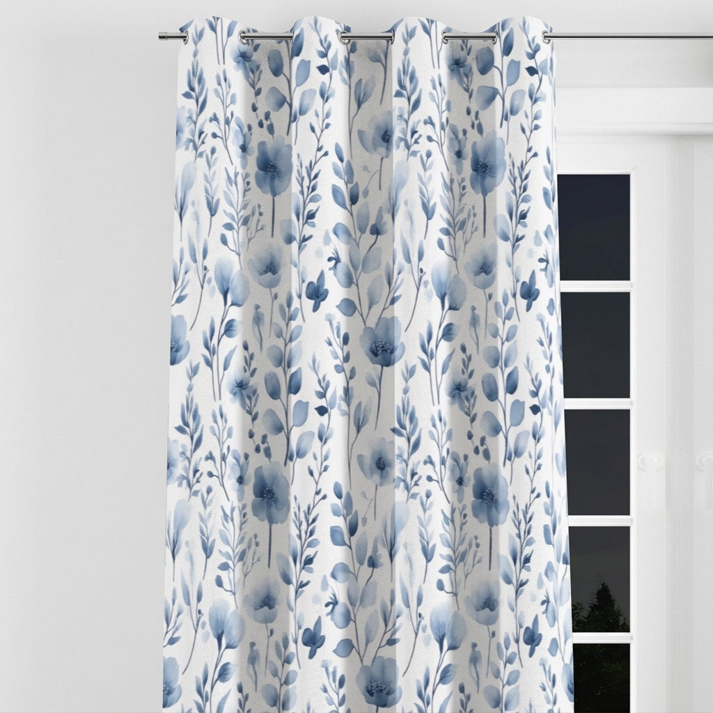 Blue Meadow Floral Blackout Curtains - Faux Linen Grommet Window Panels