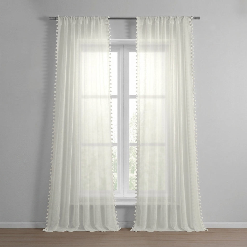 Faux Linen Sheer Curtains with Pompom Fringe for Living Room
