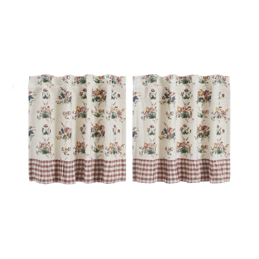 Dusty Rose Floral Gingham Cotton Cafe Curtains for Kitchen Windows