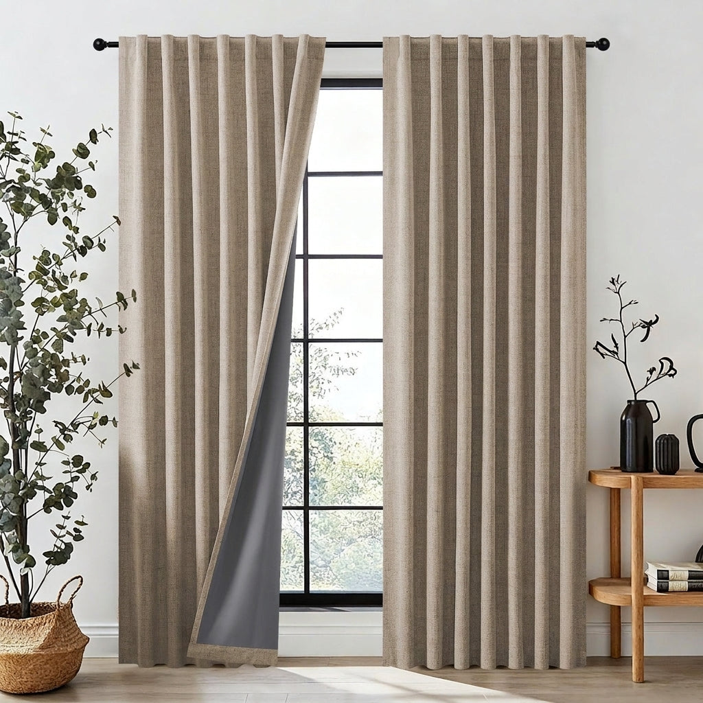 100% Blackout Faux Linen Thermal Curtains for Bedroom (Set of 2)